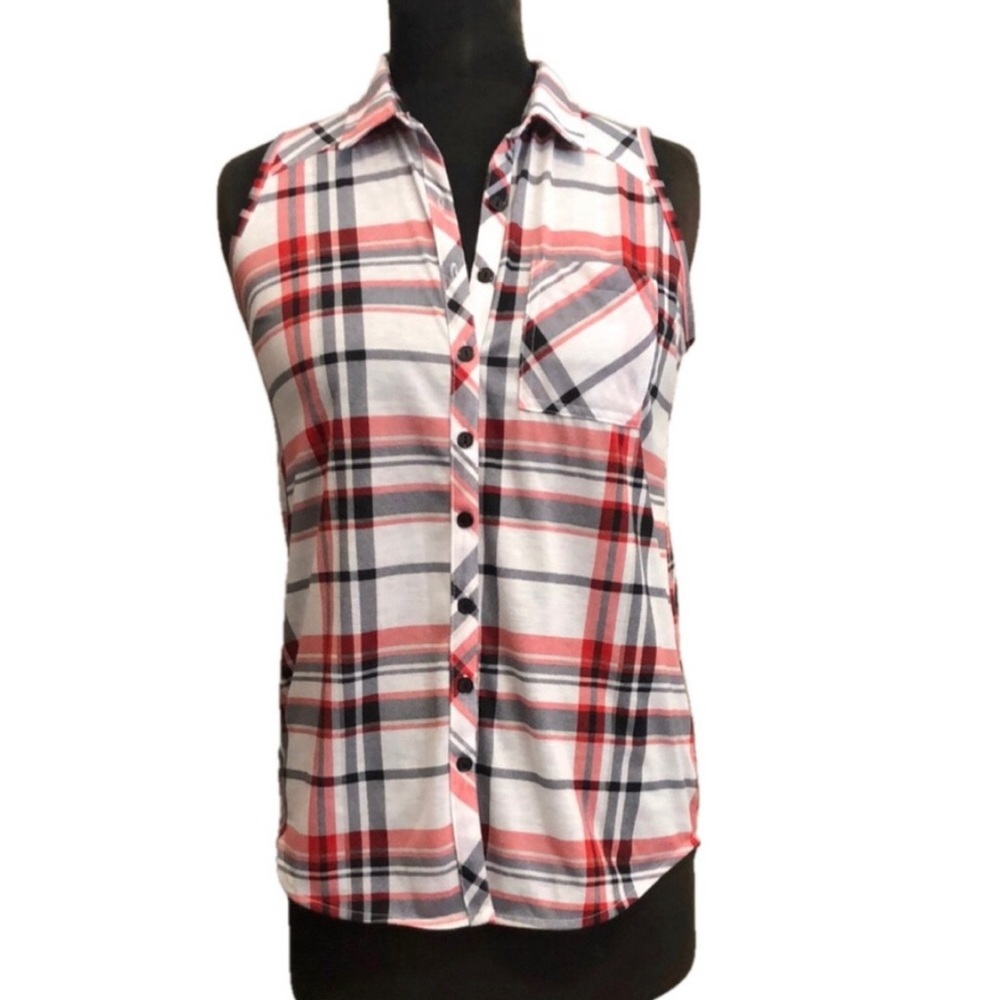 Plaid Collared, Sleeveless, Button-Up Top, Size Medium